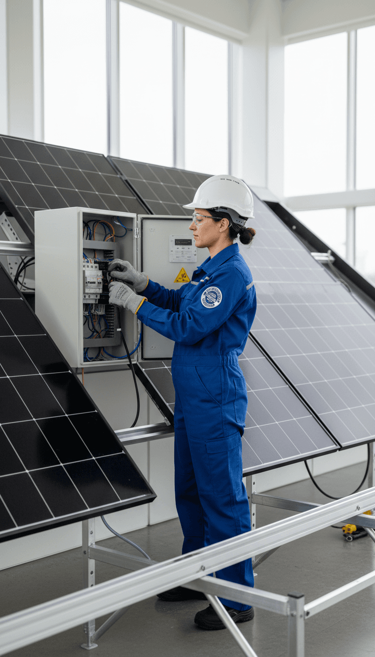 Electrician installing solar PV system in a commercial setting.