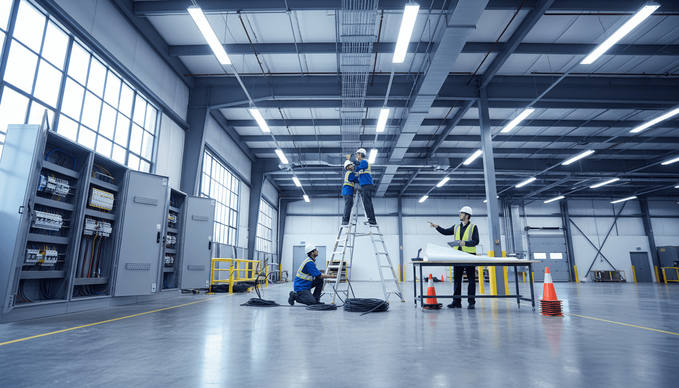 Team of electricians installing overhead conduit and LED lighting in bright industrial warehouse space